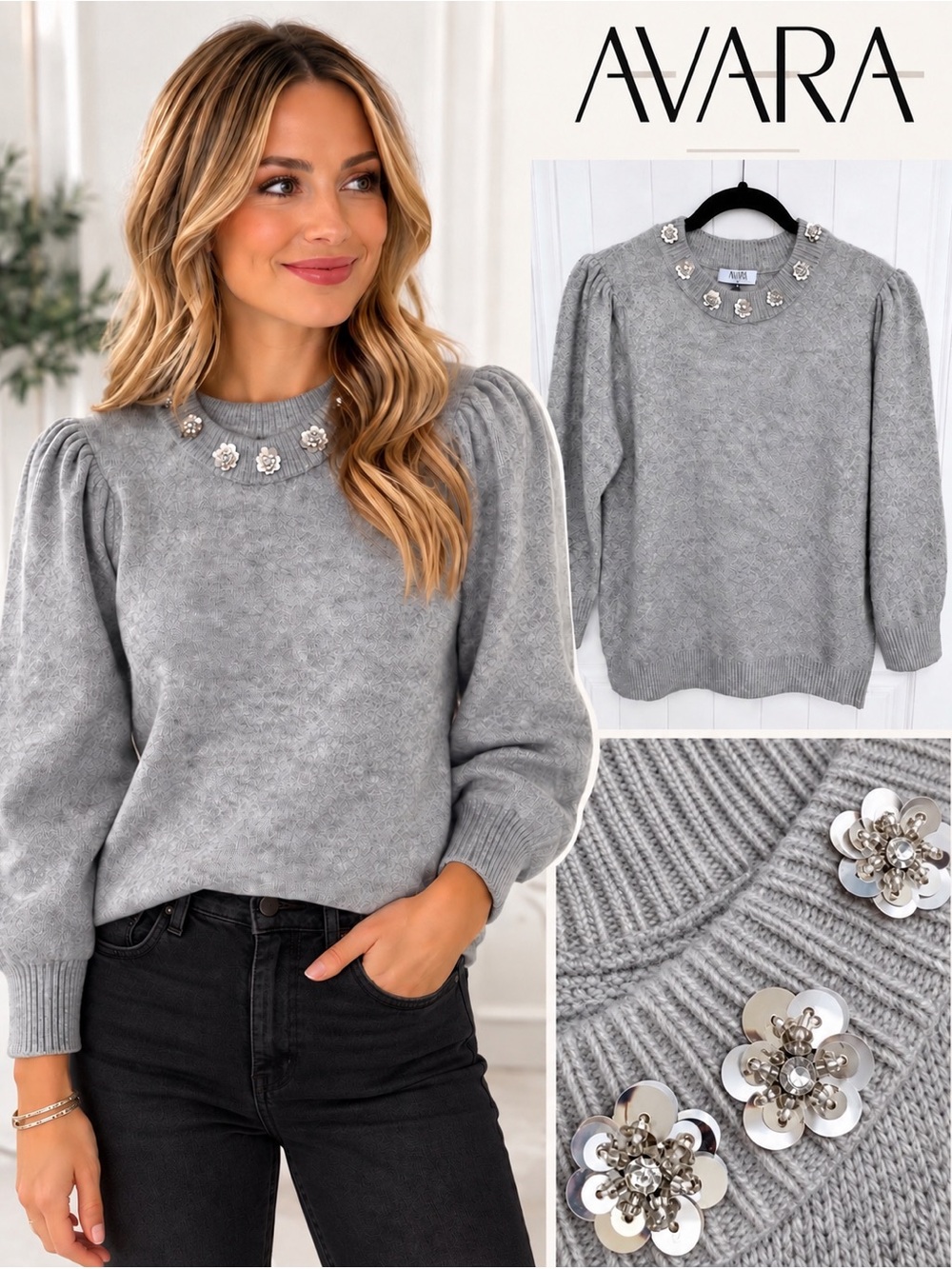 Avara Gray Sequin Embellished Puff Sleeve Sweater